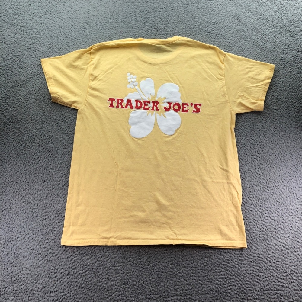Trader Joes Shirt Mens Large Yellow Crew Member Employee Hibiscus Logo Crew Neck